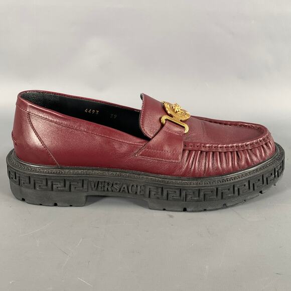 VERSACE Size 8 Burgundy Gold Medusa Leather Loafers